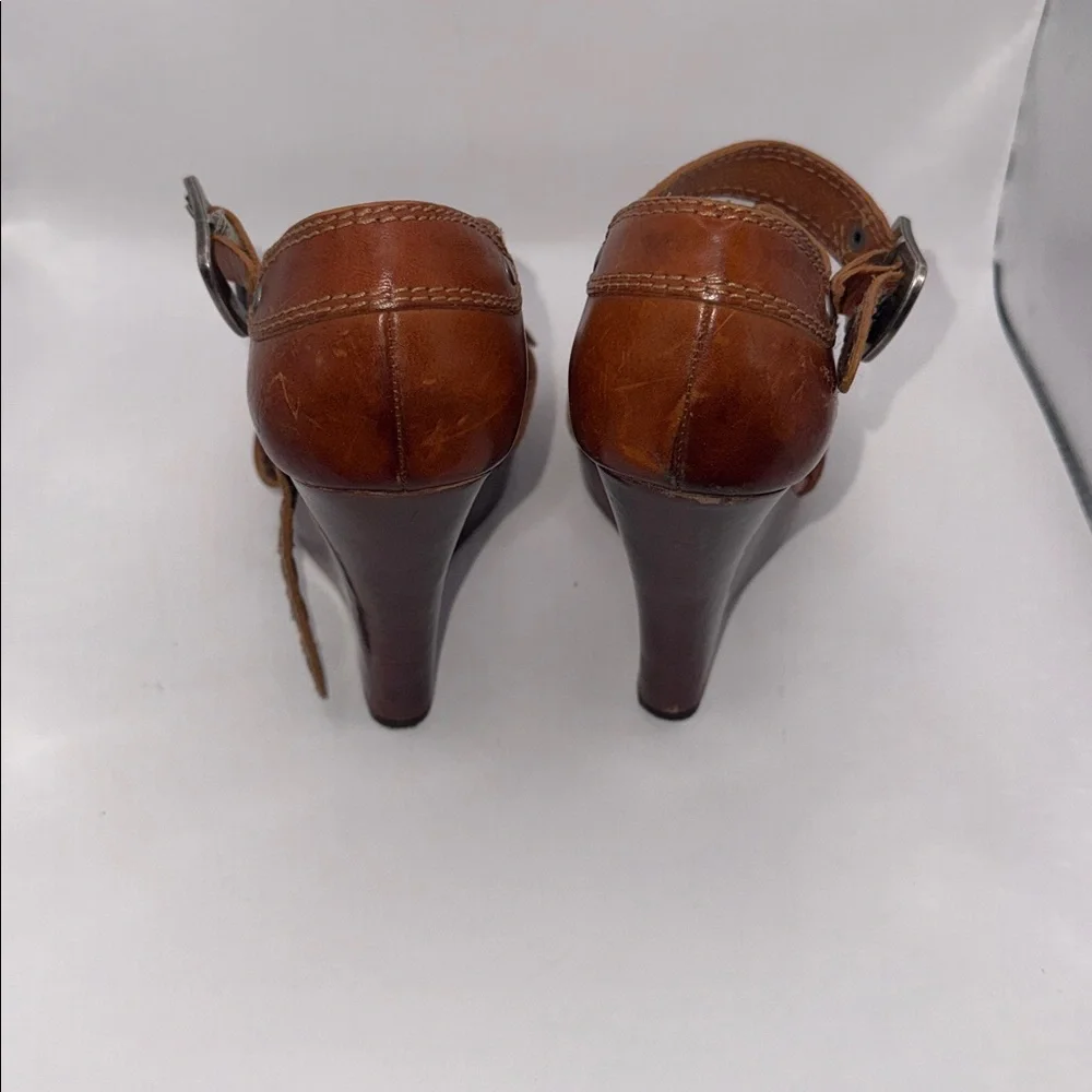 Frye Brown Leather Buckle Wedge Sandals